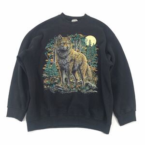 Vintage 90s Wolf Nature Pullover Crewneck Sweatshirt XL Adult Black Moon